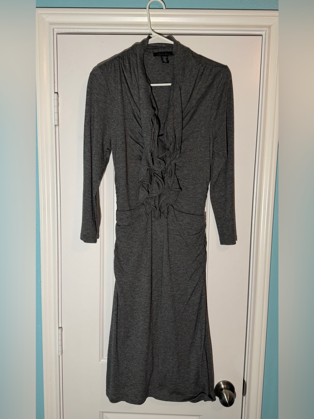 Kenneth Cole Charcoal Gray Long-Sleeve Ruffle Front Dress